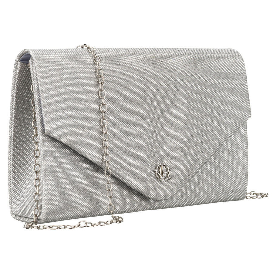 Brokatowa kopertówka damska w srebrnym kolorze zawieszona na eleganckim łańcuszku - Rovicky