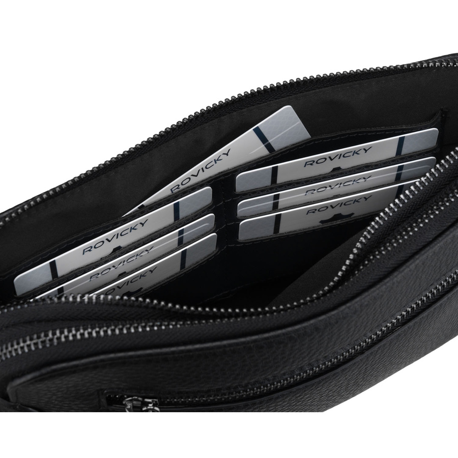 Klasyczna, czarna saszetka męska ze skóry ekologicznej zamykana suwakiem - Rovicky