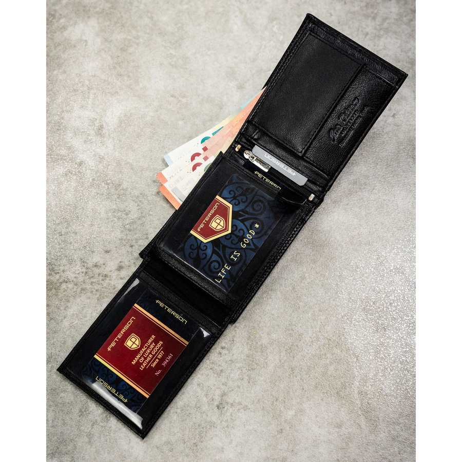 Zestaw prezentowy: skórzany portfel męski w czarnym kolorze bez zapięcia i czarny pasek ze skóry ekologicznej - Peterson