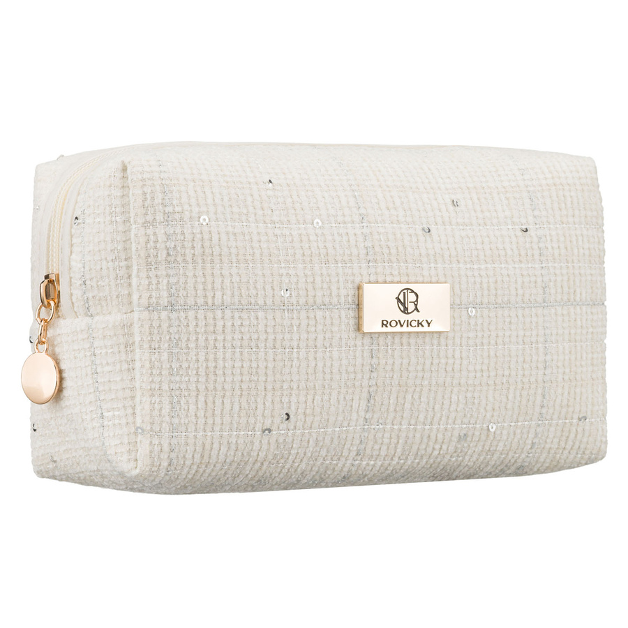 Béžová dámska kozmetická taštička so vzorom a flitrami – syntetický materiál, na zips