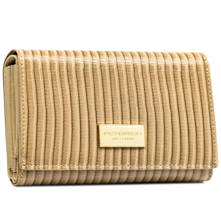 Portfel damski ze skóry naturalnej i ekologicznej w beżowym kolorze ze wzorem plecionki - Peterson