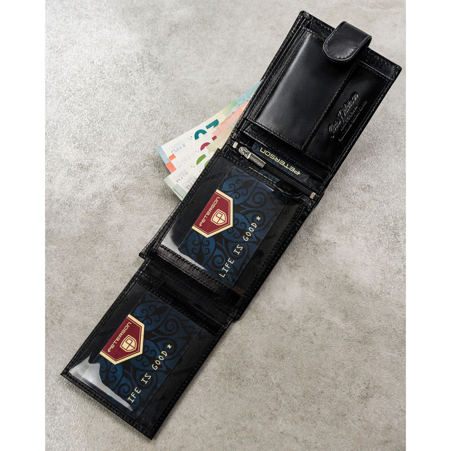 Zestaw prezentowy: skórzany, poziomy portfel męski w czarnym kolorze z systemem RFID i pasek ze skóry naturalnej - Peterson