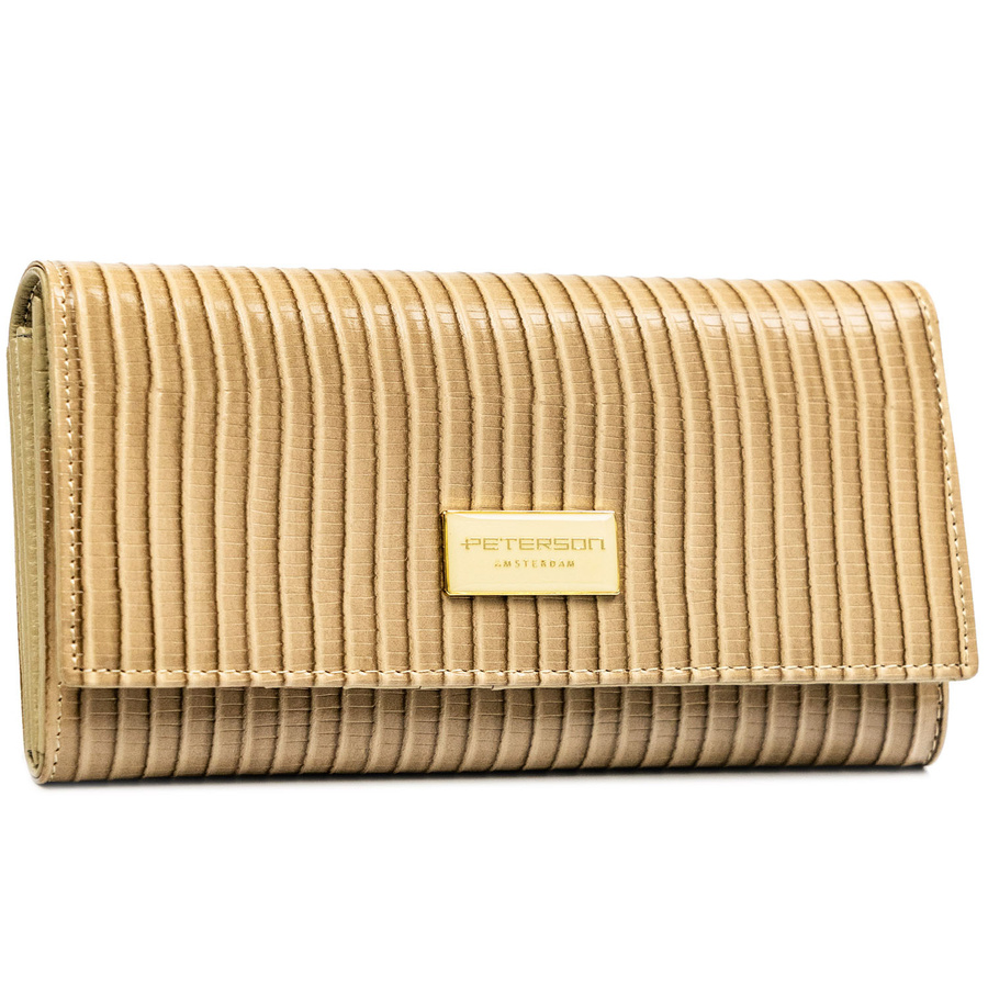 Beżowy portfel damski ze skóry naturalnej i ekologicznej zamykany zatrzaskiem, ozdobiony wzorem w plecionkę - Peterson