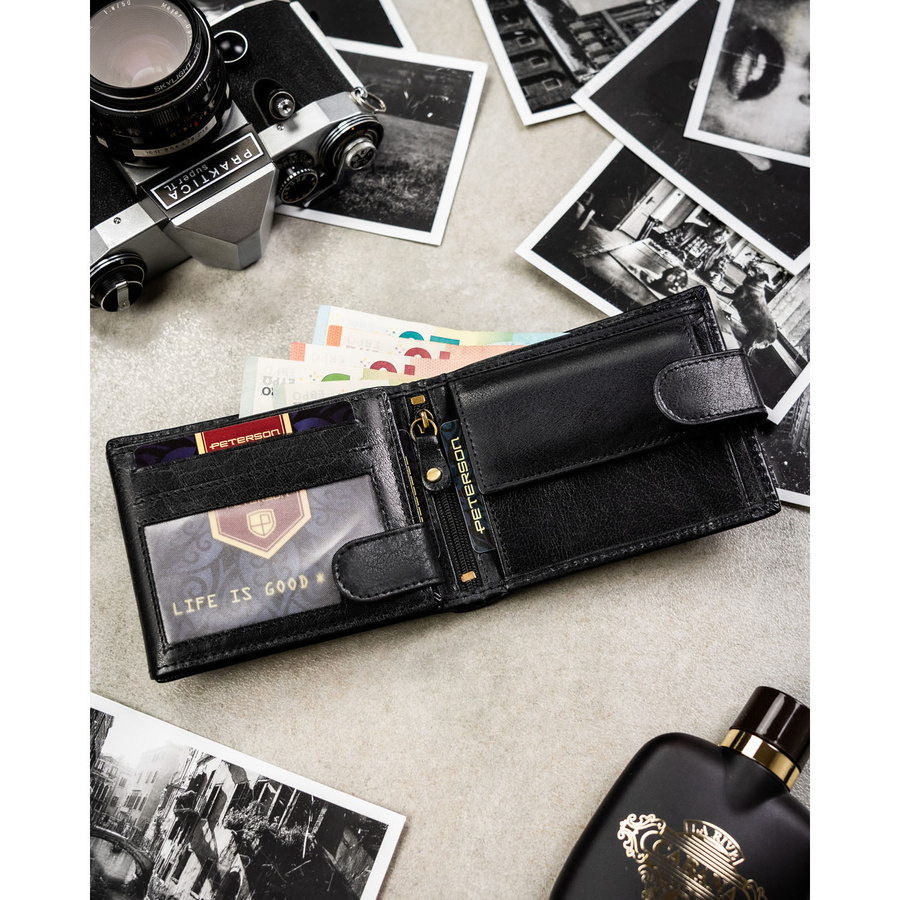 Poziomy portfel męski ze skóry naturalnej w czarnym kolorze wyposażony w system RFID - Peterson