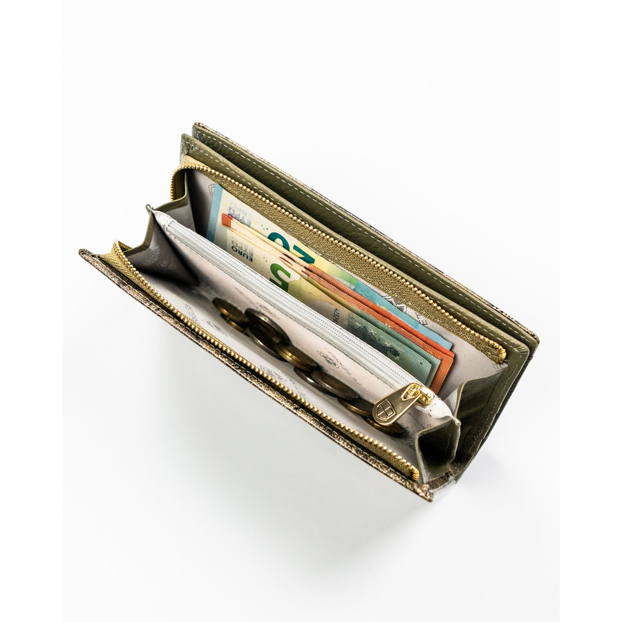 Pionowy, lakierowany portfel damski ze skóry naturalnej i ekologicznej złoty w kwiatowy wzór Peterson 