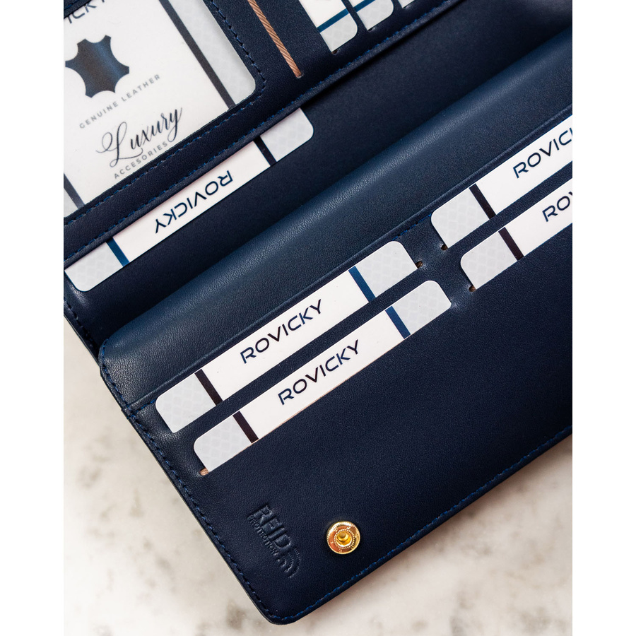 Granatowy portfel damski ze skóry ekologicznej wyposażony w system RFID - Rovicky