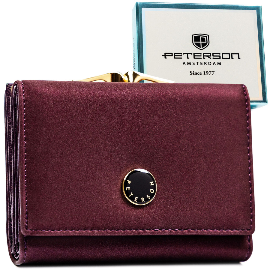 Stredne veľká fialová dámska peňaženka z kože s RFID ochranou a kovovým uzáverom na mince - Peterson