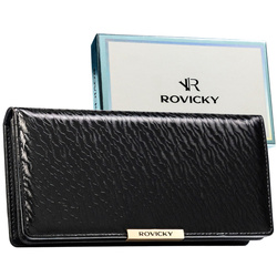 Duży portfel damski ze skóry ekologicznej w czarnym kolorze zamykany na zatrzask - Rovicky
