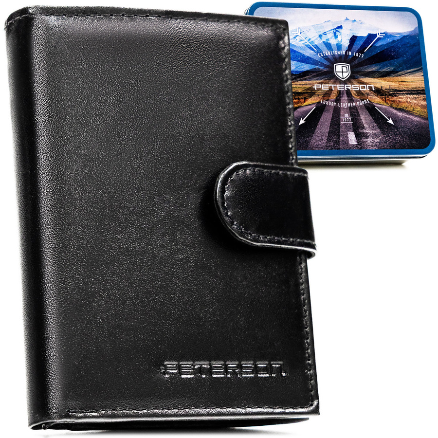 Elegancki portfel męski ze skóry naturalnej w czarnym kolorze zamykany zatrzaskiem, w zestawie z brelokiem - Peterson