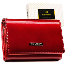 Duży, lakierowany portfel damski ze skóry naturalnej i ekologicznej w czerwonym kolorze, zamykany na zatrzask - Rovicky