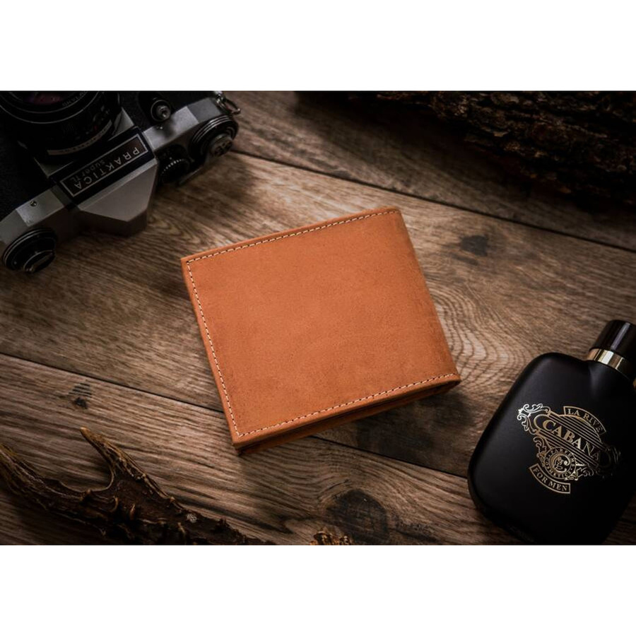 Portfel męski z nubukowej skóry naturalnej w brązowym kolorze z tłoczeniem przedstawiającym głowę psa - Always Wild