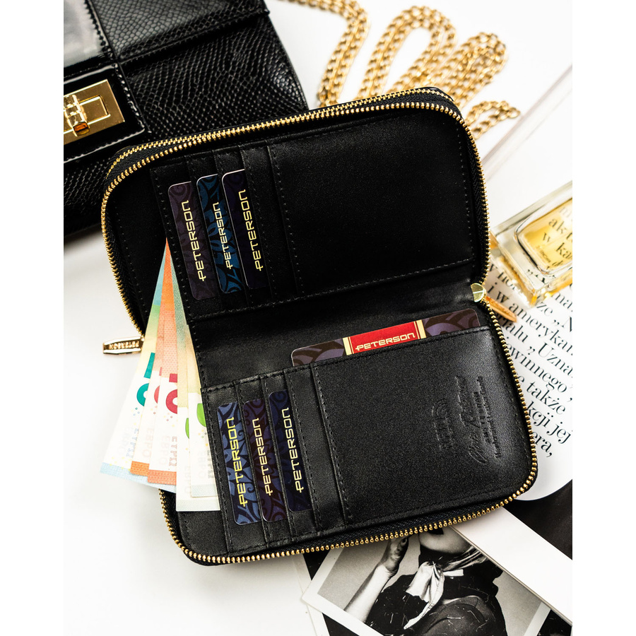 Czarny portfel damski w typie piórnika ze skóry ekologicznej wyposażony w system RFID - Peterson