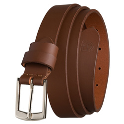 Skórzany, wąski pasek damski w brązowym kolorze ze srebrną, klasyczną klamrą - Peterson