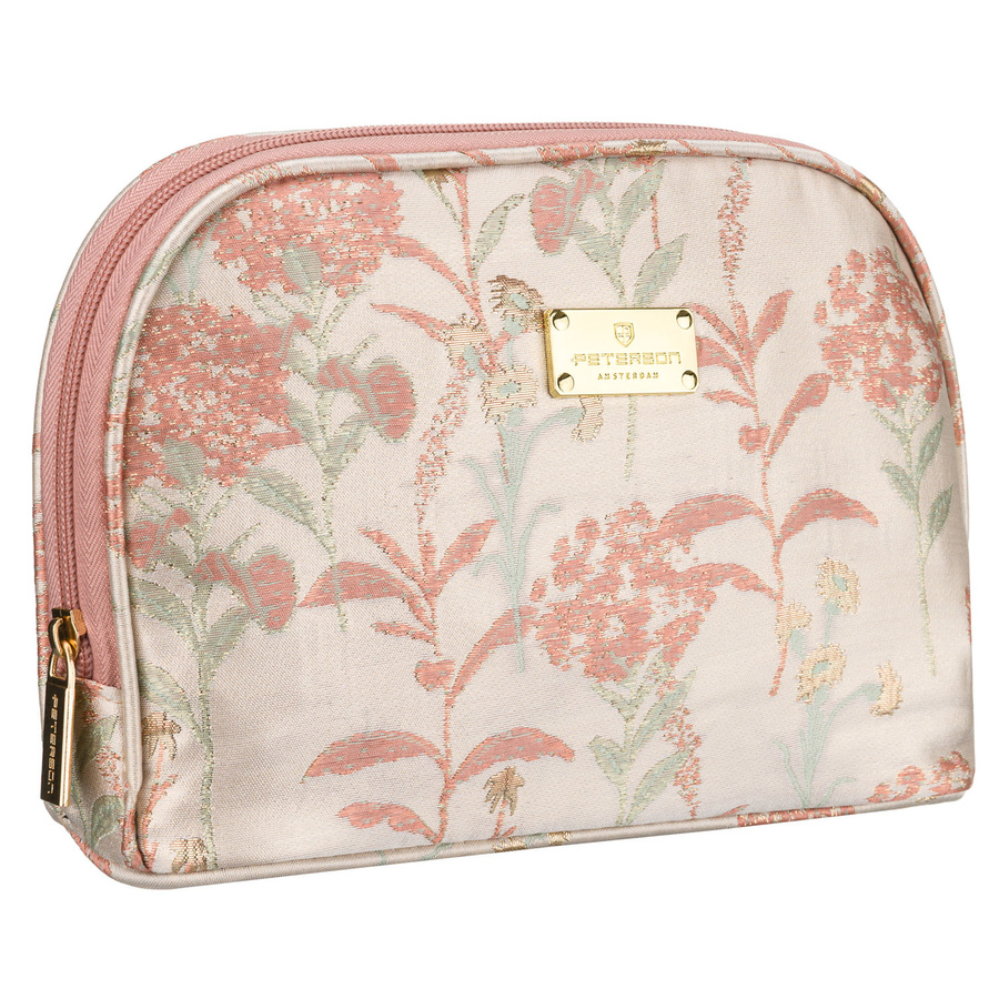 Kosmetyczka podróżna z materiału syntetycznego w różowo-beżowym kolorze zdobiona kwiatami - Peterson