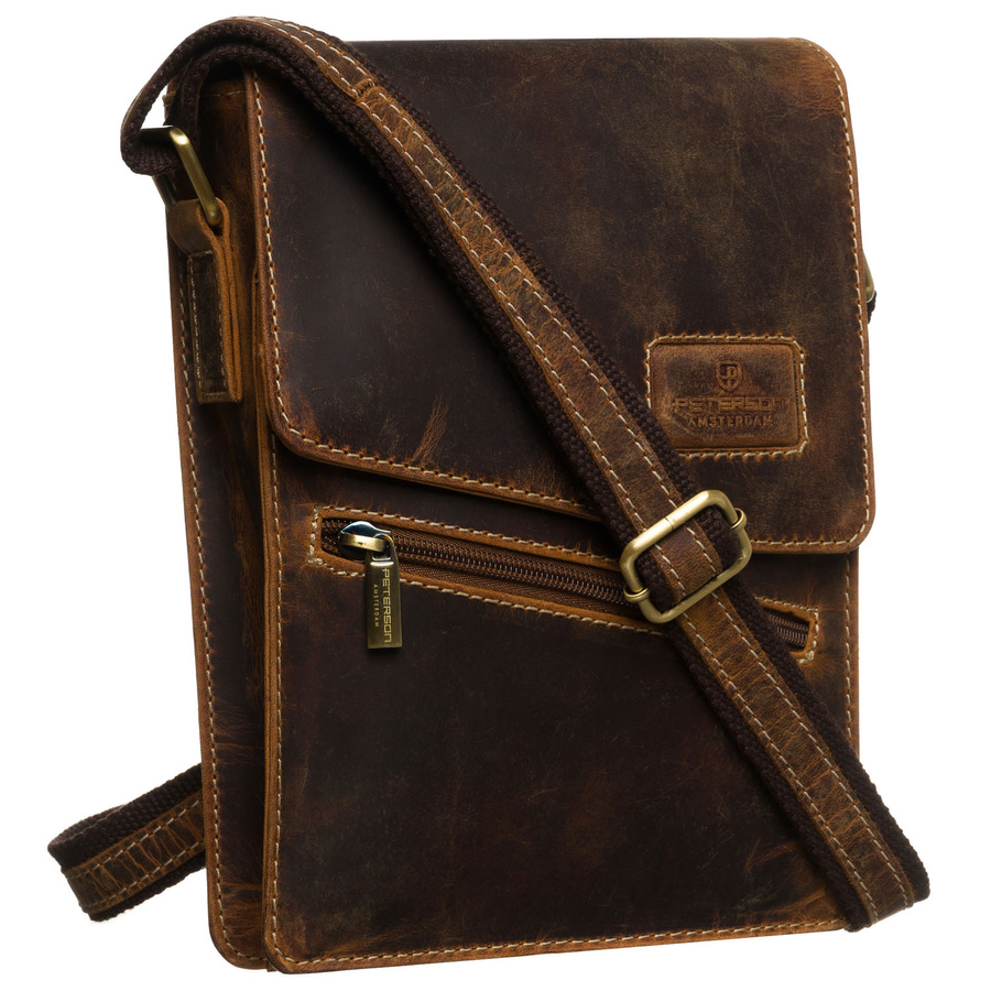 Elegancka, brązowa listonoszka męska ze skóry naturalnej, jednokomorowa - Peterson