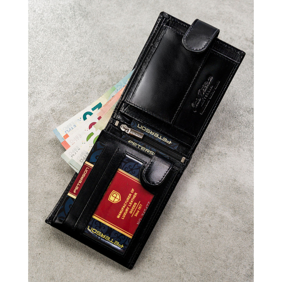 Zestaw prezentowy: skórzany portfel męski w czarnym kolorze i czarny pasek ze skóry naturalnej - Peterson