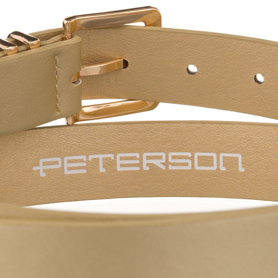 Beżowy, wąski pasek damski ze skóry ekologicznej ze złotą klamrą - Peterson