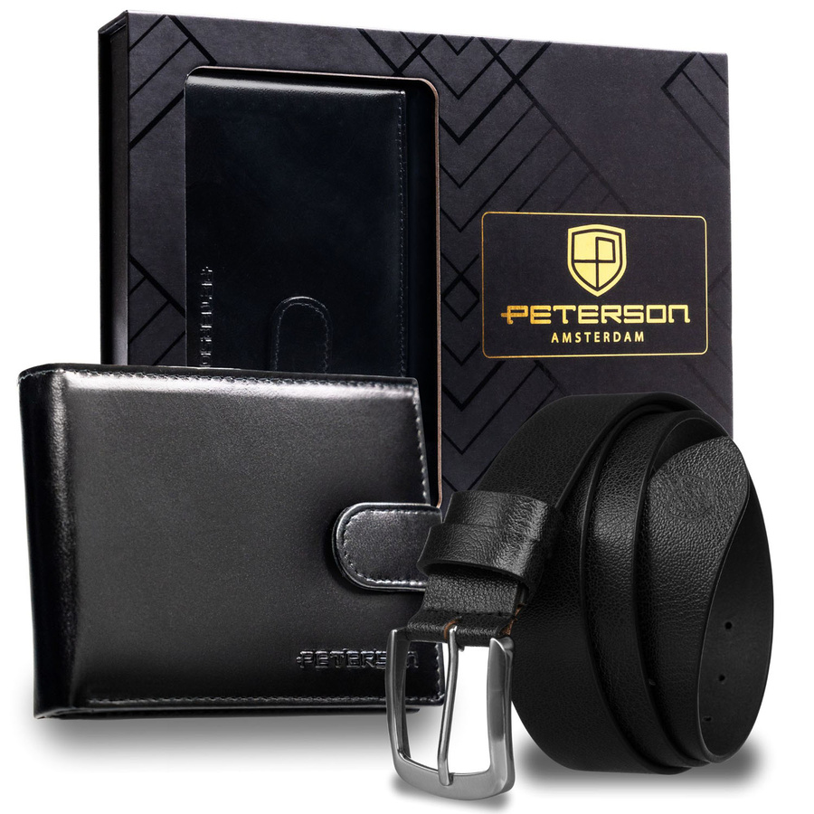 Zestaw prezentowy: skórzany portfel męski w czarnym kolorze i pasek ze skóry naturalnej - Peterson