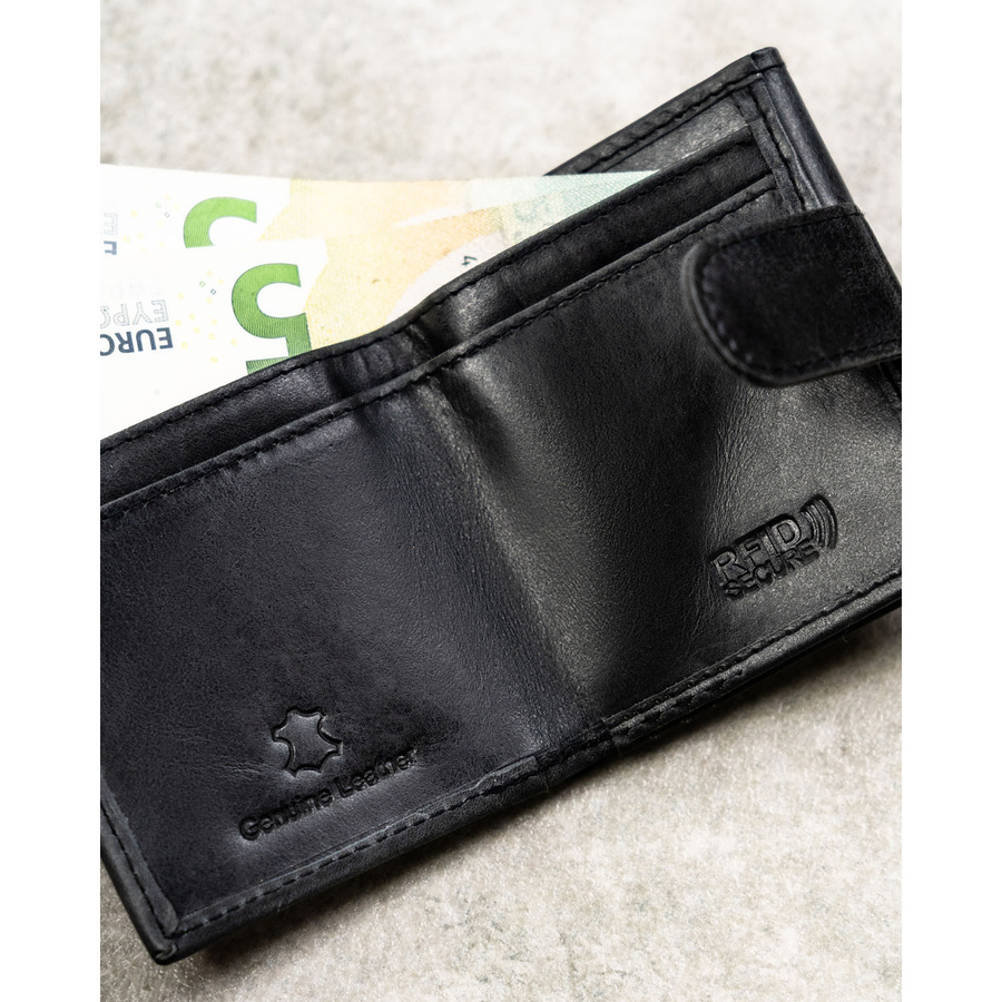 Mały i cienki, skórzany portfel męski w czarnym kolorze zamykany zatrzaskiem - Rovicky