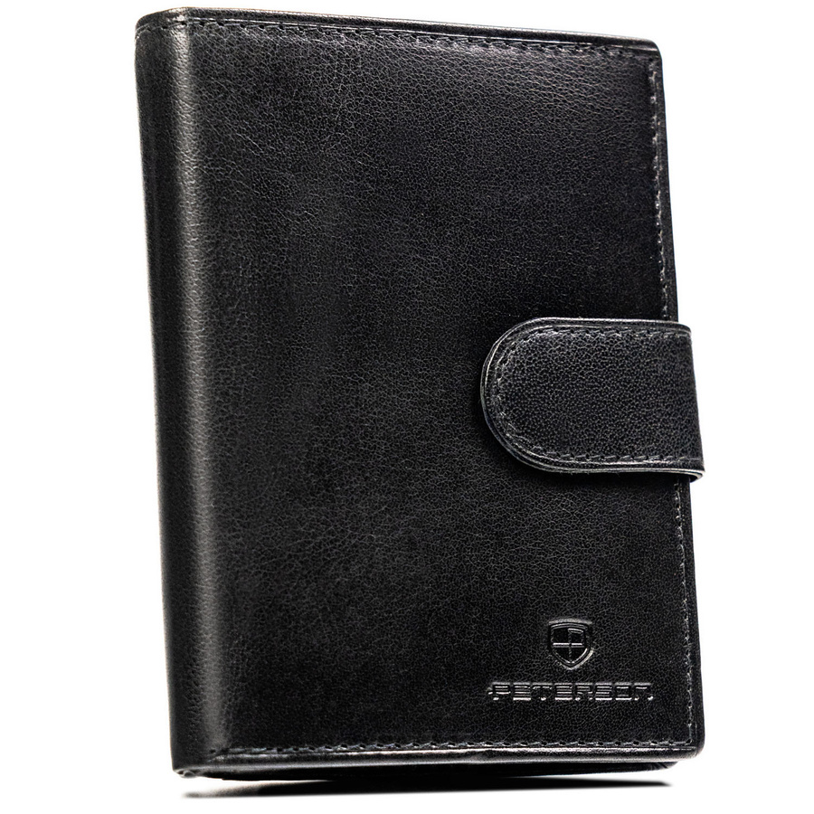 Klasyczny, skórzany portfel męski w czarnym kolorze zamykany zatrzaskiem - Peterson