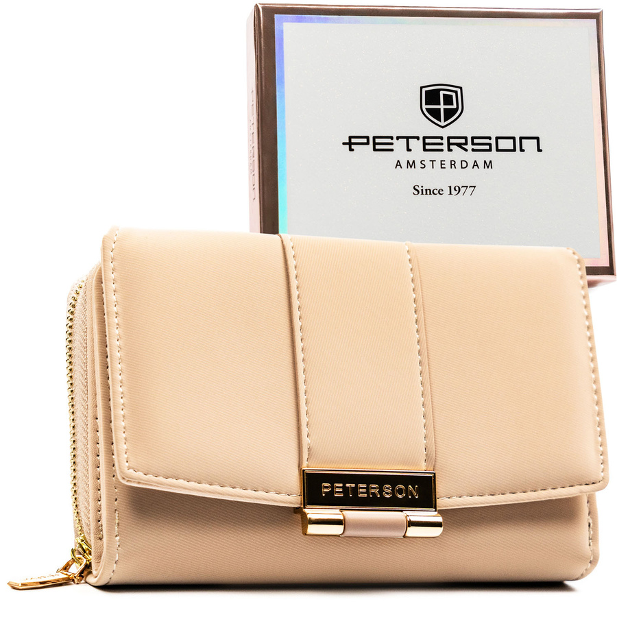 Beżowy portfel damski wykonany ze skóry ekologicznej o lekko prążkowanej fakturze, zamykany zatrzaskiem - Peterson