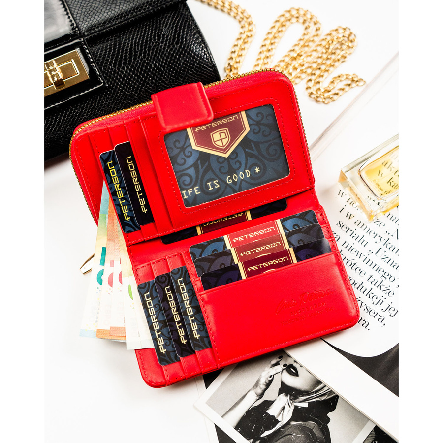 Czerwony, pionowy portfel damski ze skóry ekologicznej, mieszczący dowód rejestracyjny - Peterson