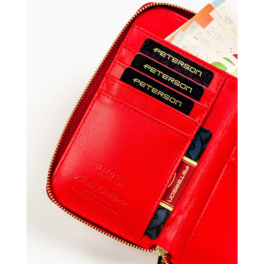 Czerwony portfel damski w typie piórnika ze skóry ekologicznej wyposażony w system RFID - Peterson