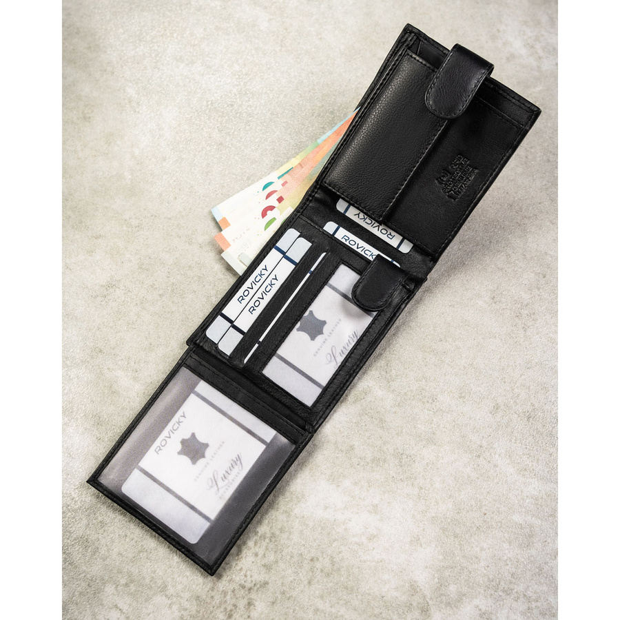 Duży, czarny portfel męski ze skóry naturalnej wyposażony w system RFID, zamykany na zatrzask - Rovicky