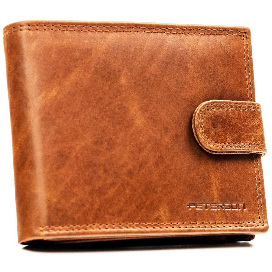 Brązowy, skórzany portfel męski wyposażony w system RFID i zamykany zatrzaskiem - Peterson