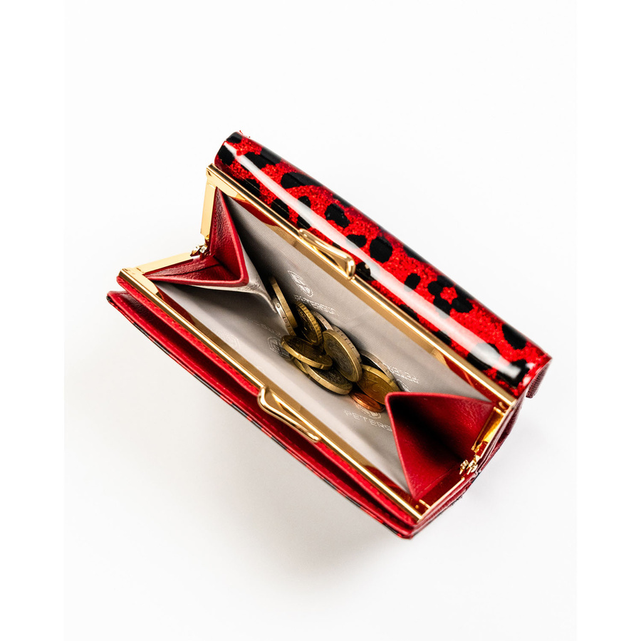 Czerwony portfel damski ze skóry ekologicznej i naturalnej w cętki, zamykany biglem i zatrzaskiem - Peterson