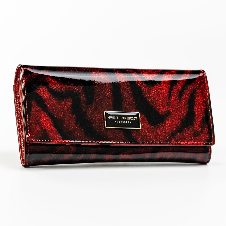 Lakierowany, czerwony portfel damski ze skóry naturalnej i ekologicznej w zwierzęcy wzór - Peterson