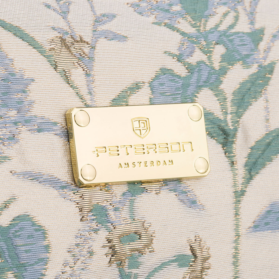 Kosmetyczka z poliestru w błękitnym kolorze, jednokomorowa i ozdobiona kwiatowym wzorem - Peterson