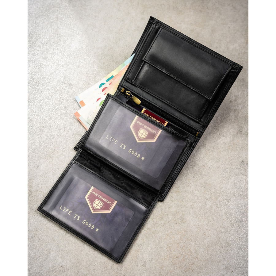 Pionowy, skórzany portfel męski w czarnym kolorze bez zapięcia zewnętrznego - Peterson