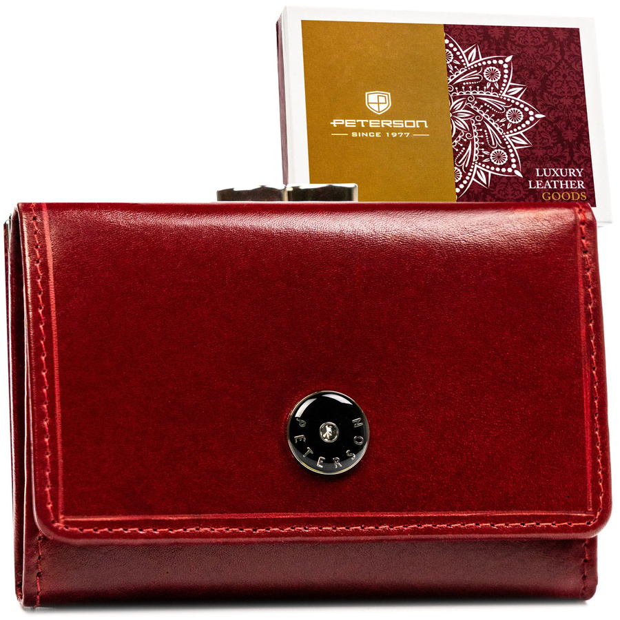 Dámska kožená peňaženka červenej farby so zapínaním na patentku a sponou - Peterson