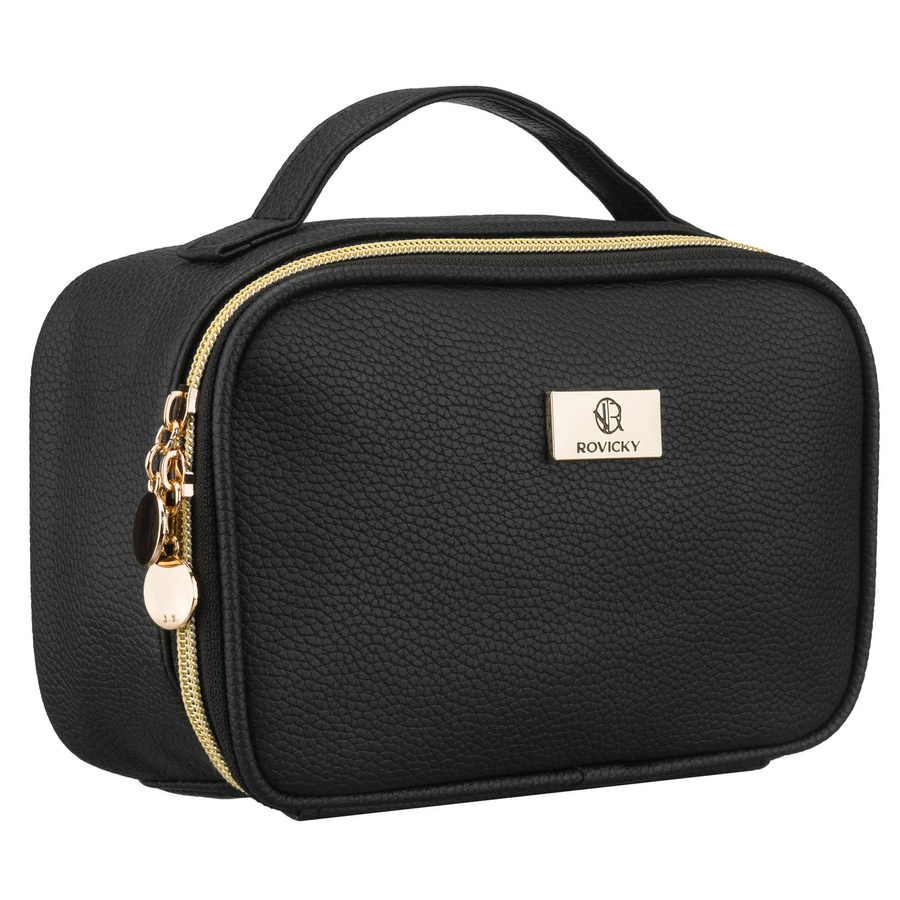 Čierna praktická kozmetická taštička z ekologickej kože s priehradkami a držiakom na štetce – na zips