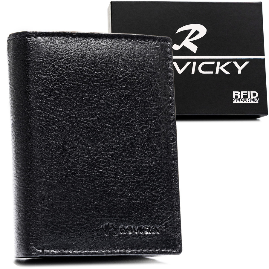 Czarny portfel męski ze skóry naturalnej mieszczący dowód rejestracyjny - Rovicky