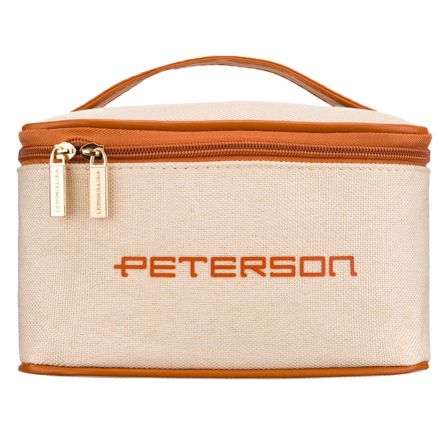 Beżowo-brązowa kosmetyczka z tkaniny syntetycznej wyposażona w uchwyt, zamykana suwakiem - Peterson