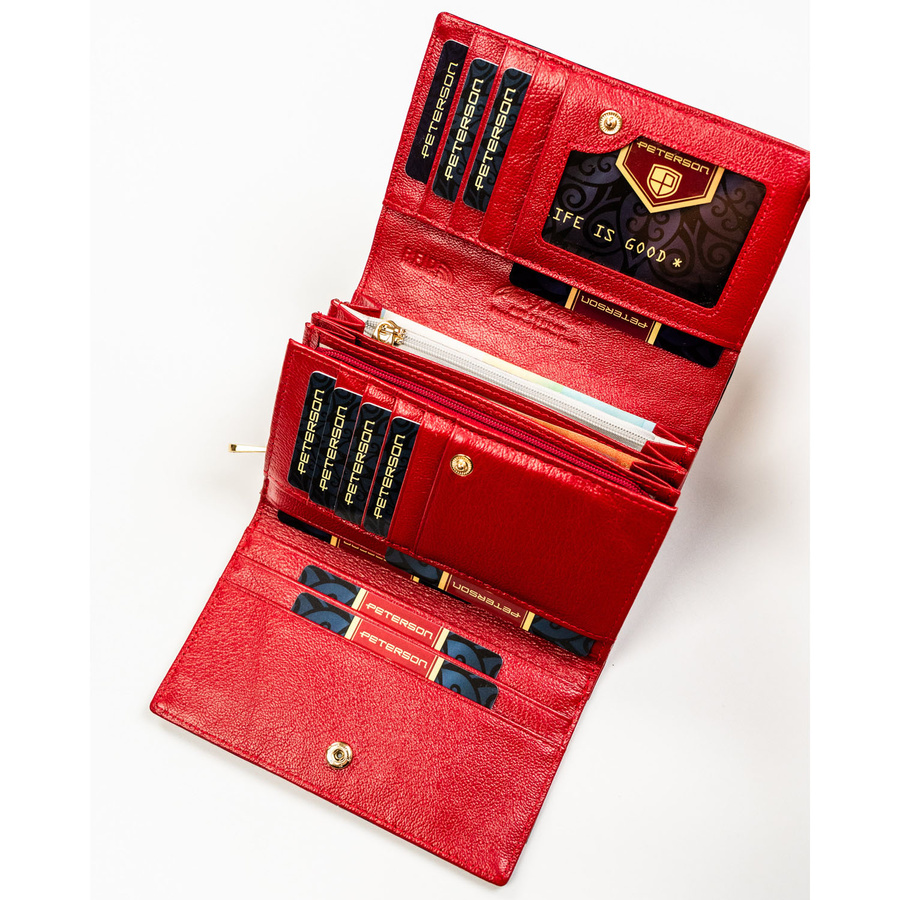 Portfel damski ze skóry ekologicznej i naturalnej w czerwonym kolorze z kieszenią zewnętrzną - Peterson