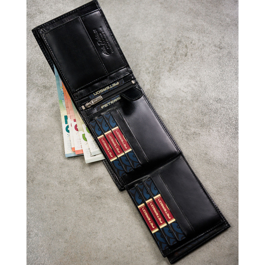 Zestaw prezentowy: skórzany portfel męski w czarnym kolorze z systemem RFID i pasek ze skóry ekologicznej - Peterson