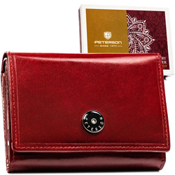 Klasyczny, skórzany portfel damski w czerwonym kolorze zamykany zatrzaskiem i biglem - Peterson