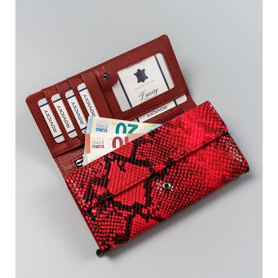 Czerwony portfel damski wykonany ze skóry naturalnej i ekologicznej ze zdobieniem na wzór skóry węża - 4U Cavaldi