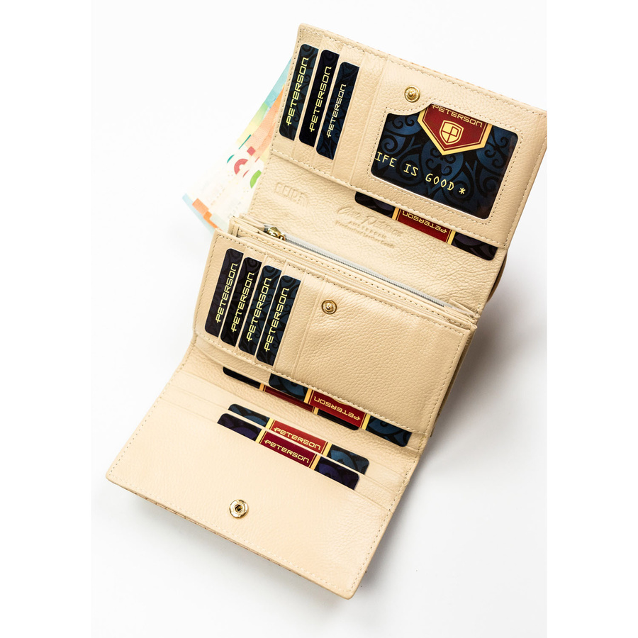 Portfel damski ze skóry naturalnej i ekologicznej w beżowym kolorze ze wzorem plecionki - Peterson