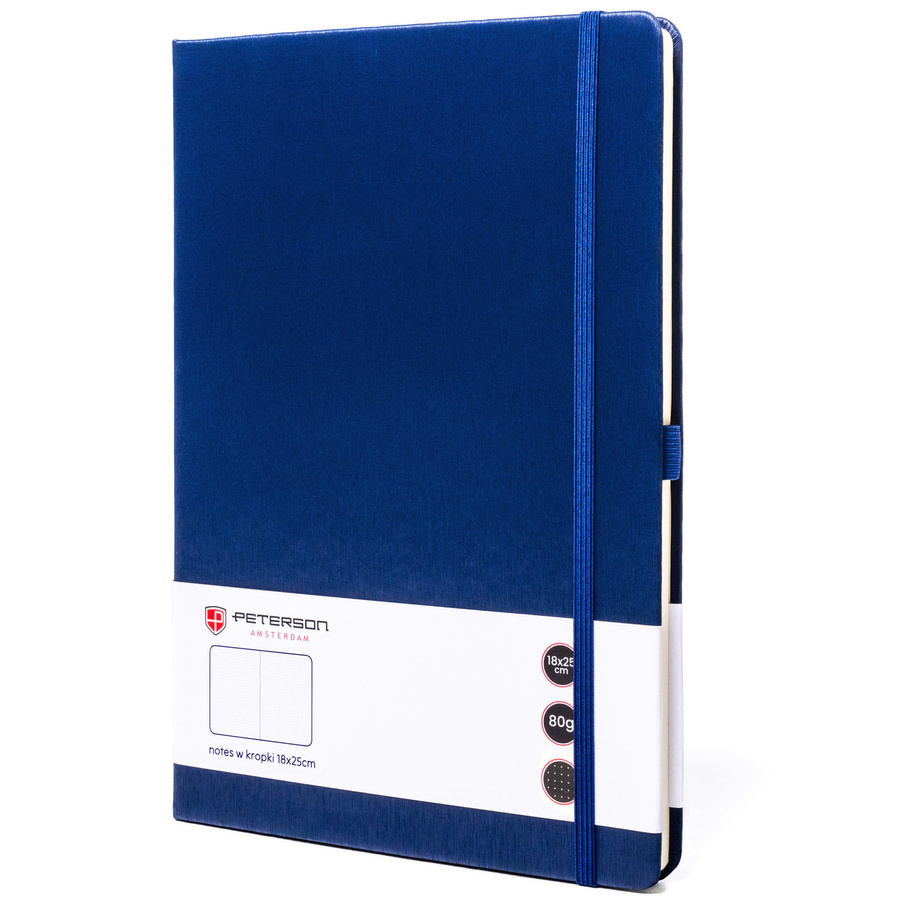 Tmavomodrý zápisník B5 s bodkovaným papierom a gumičkou na zatváranie