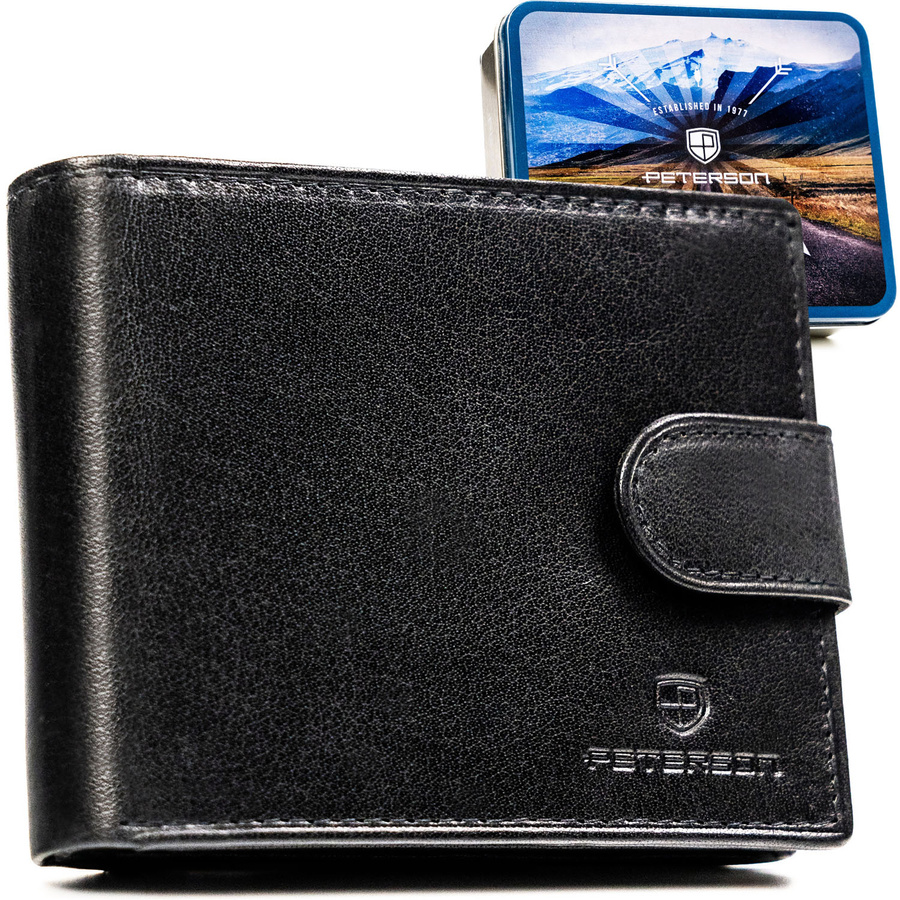 Poziomy portfel męski ze skóry naturalnej w czarnym kolorze wyposażony w system RFID - Peterson