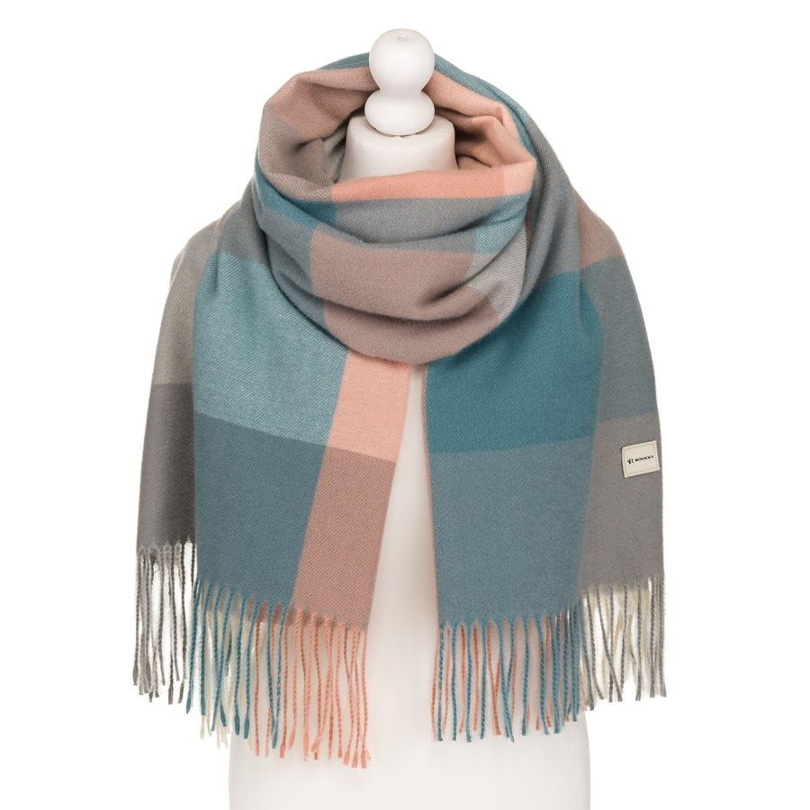 Dwustronny, zielony szal damski z poliestru w kratę ozdobiony frędzlami - Rovicky