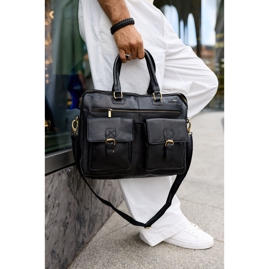 Męska torba na laptopa ze skóry naturalnej w czarnym kolorze - Peterson