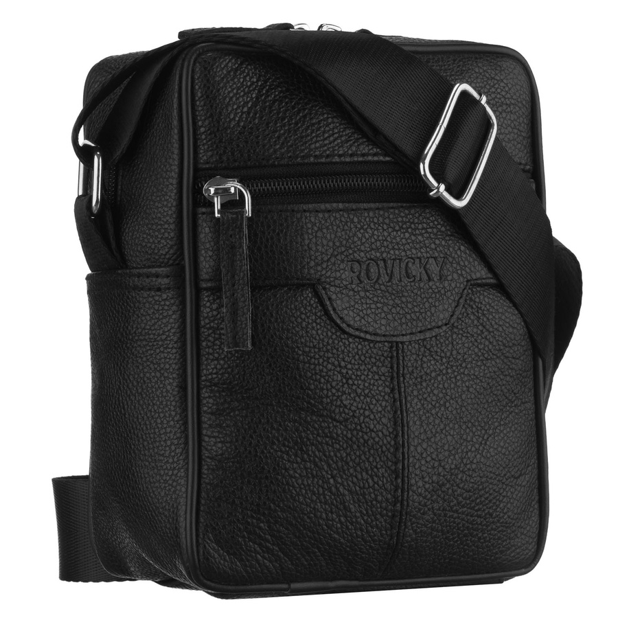 Pánska čierna kožená crossbody taška so zipsovým zapínaním – elegantný mestský model Rovicky