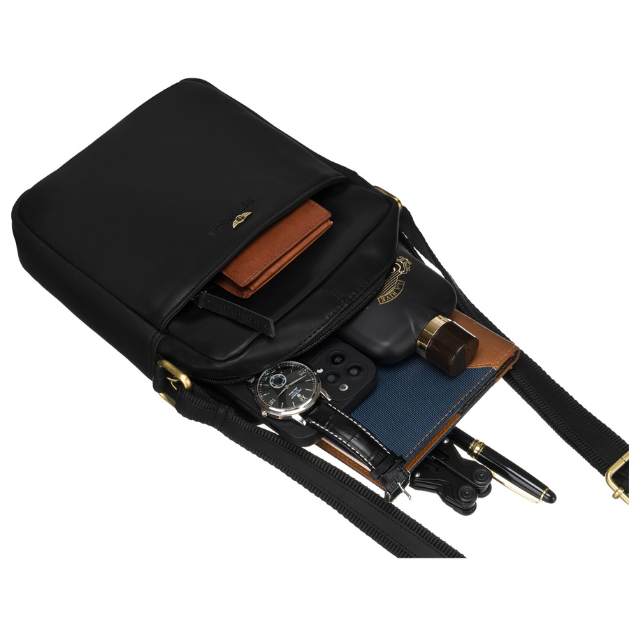 Klasyczna, czarna torba-listonoszka ze skóry naturalnej z etui na klucze w zestawie - Peterson