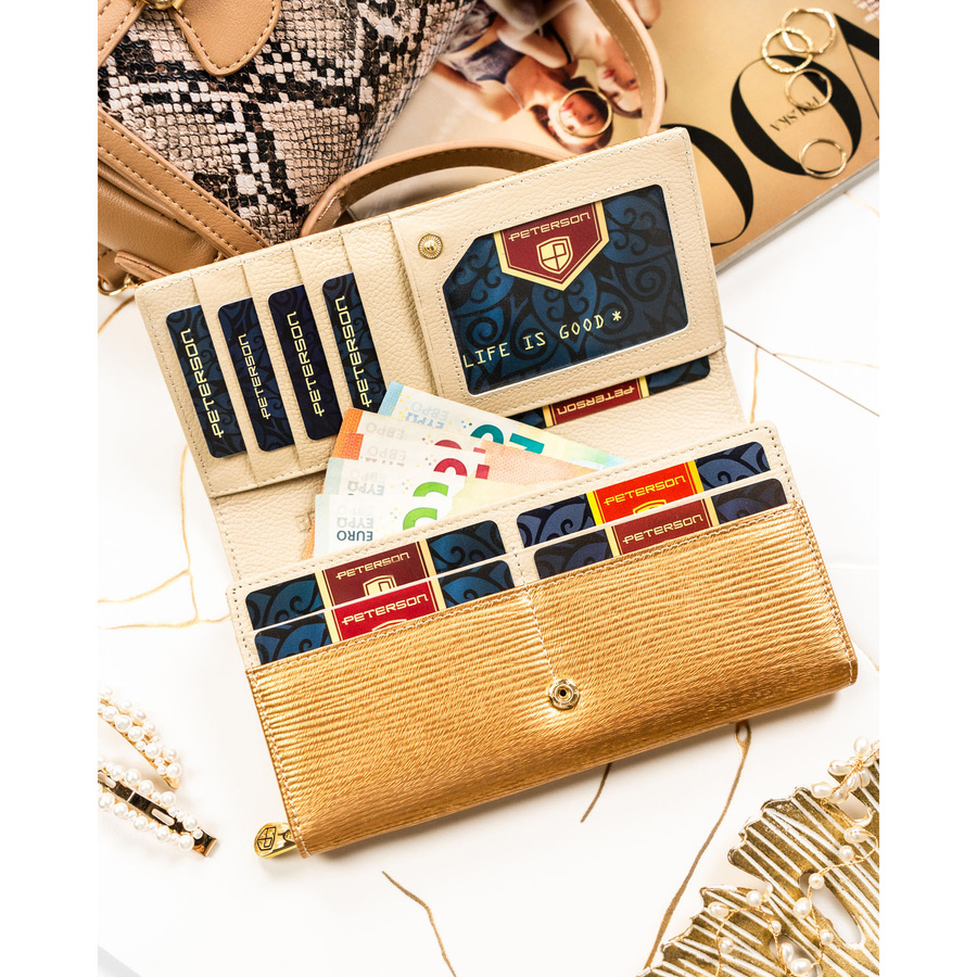 Duży, złoty portfel damski ze skóry naturalnej zamykany na zatrzask - Peterson