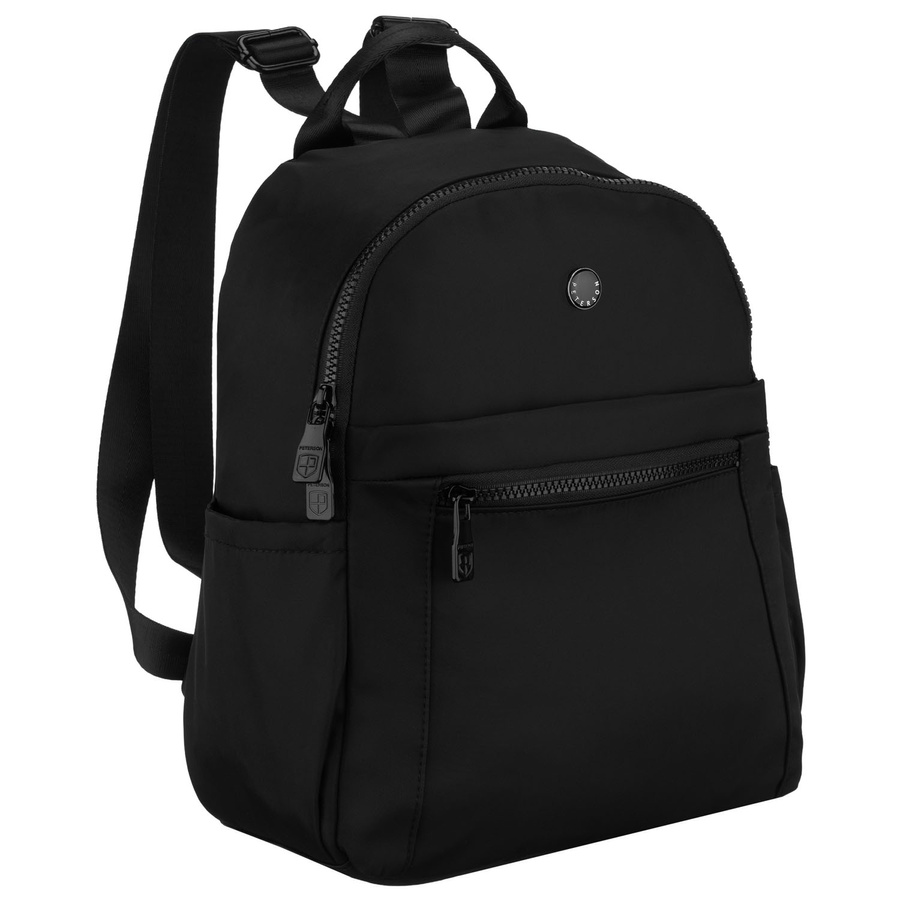 Dámsky malý čierny ruksak z polyesteru, jednokomorový s vonkajším vreckom